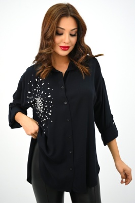 Camasa dama Dazzle, croiala asimetrica si strasuri decorative aplicate, Negru 3