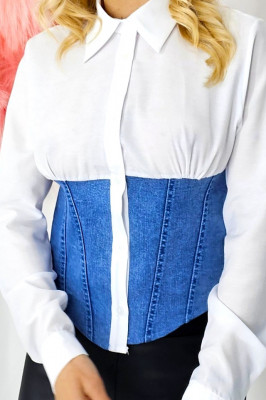 Camasa dama denim Cehia, cu doua texturi si rejansa elastica la spate, Alb 1
