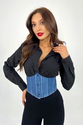 Camasa denim FABYA, nasturi si inchidere cu snur la spate, Negru 2