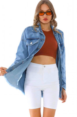 Camasa denim Sharin, croi lung, simetric si perforatii ample, Albastru 2