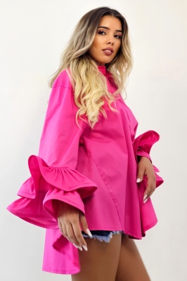 Camasa eleganta Sugar LoLLy, maneci cu volane si croi supradimensionat, Fucsia, Marime S/M/L lateral