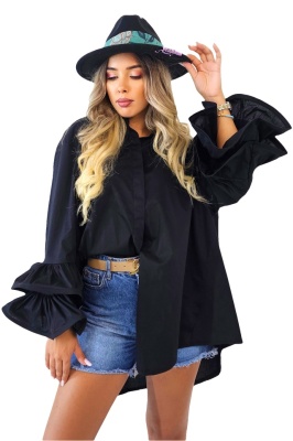 Camasa eleganta Sugar LoLLy, maneci cu volane si croi supradimensionat, Negru, Marime S/M/L 3