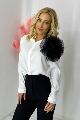 Camasa office Alizee, cu accesoriu floral din organza, Alb/Negru, Marime S/M 3