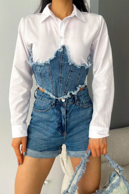 Camasa scurta Adelina, cu maneca lunga si panou din denim, Albastru
