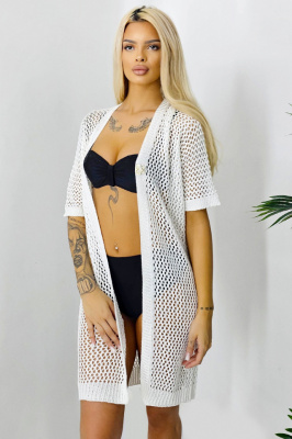 Cardigan clasic Crochet, cu accesoriu tip brosa si maneca scurta, Alb, Marime S/M/L 2