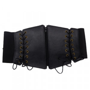Centura corset Demy neagra, lata, din piele ecologica, cu banda elastica, snururi si fermoar