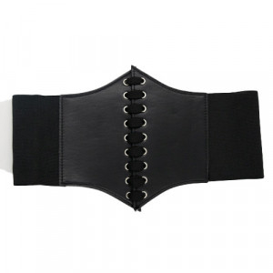 Centura corset Nemira neagra, lata, din piele ecologica, cu banda elastica si snururi