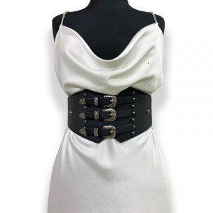 Centura corset Vog neagra, lata, din piele ecologica, elastica, cu catarame argintii4