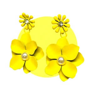 Cercei lungi Theona, design floral, cu tija si pietre artizanale, Galben 2