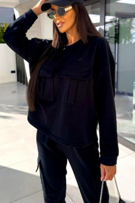 Compleu bumbac Sprendy, cu bluza lejera si pantaloni cu buzunare oversize, Negru 1