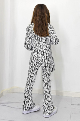 Compleu casual, Agathea Kids, pantaloni tetra evazati si bluza lunga asimetrica, White Disco 5