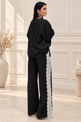 Compleu casual Alberta, din vâscoză, cu pantaloni wide leg și bluză lungă, negru