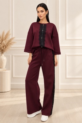 Compleu casual Alberta, cu insertii din dantela si perle, Visiniu, Marime OneSize