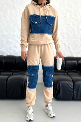 Compleu casual CONGO, cu bumbac si denim, Bej detaliu