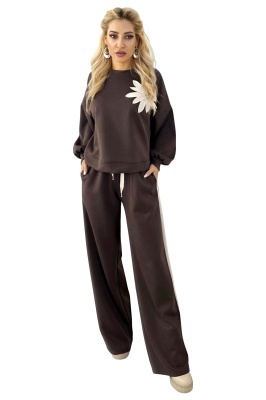 Compleu casual cu motiv floral KEORA, bluza si pantaloni oversize, Maro, Marime S/M/L