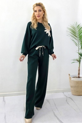 Compleu casual cu motiv floral KEORA, bluza si pantaloni oversize, Verde Smarald, Marime S/M/L