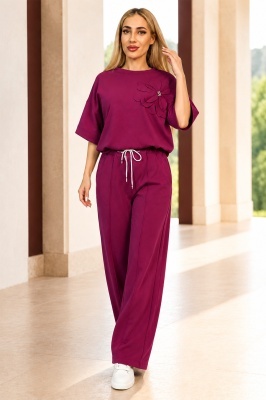 Compleu casual, doua piese Solenne, cu detaliu floral si cristale, Magenta Violet, Marime S/M/L