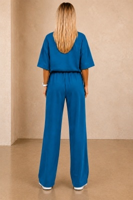 Compleu casual, doua piese Solenne, cu detaliu floral si cristale, Bleumarin, Marime S/M/L detaliu spate