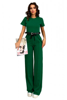 Compleu casual Kaliana, cu tricou scurt, curea si pantaloni cu nervura, Verde 6