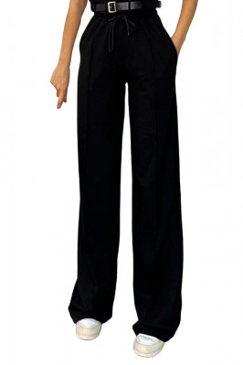 Compleu casual Kaliana, cu tricou scurt, curea si pantaloni cu nervura, Negru 3