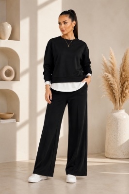 Compleu casual LUNARIA, cu bluza lejera si pantaloni wide leg, Negru, Marime S/M/L