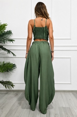 Compleu casual Maelle, cu top si pantaloni balloon, Verde Kaki