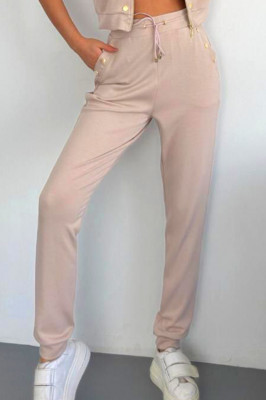 Compleu casual NonCom, bluza lejera cu maneca scurta si pantaloni cu snur, Roz prafuit 3