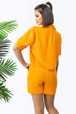 Compleu cu bumbac creponat, Keona, camasa si pantaloni scurti cu snur, Orange spate