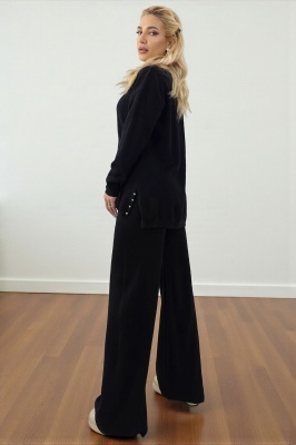 Compleu cu lana ELETRA, bluza lunga, cristale si pantaloni lejeri, Negru, Marime M/L