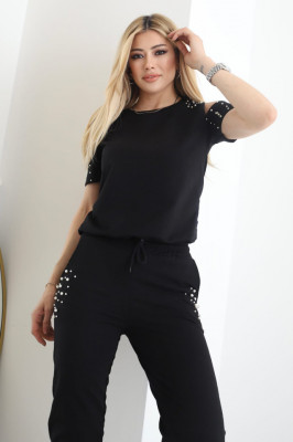 Compleu cu perle Jupiter, pantaloni si bluza cu maneca scurta, Negru4