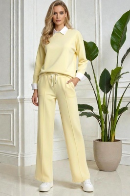 Compleu dama ALYA, cu bluza tip camasa si pantaloni lejeri cu snur, Galben, Marime S/M/L