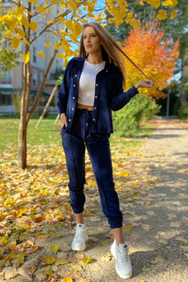 Compleu de catifea Aurora, pantaloni si camasa, Bleumarin, Marime S/M 2