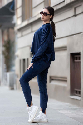 Compleu de catifea Beya - pantaloni cu banda sub talpa si bluza larga - Bleumarin