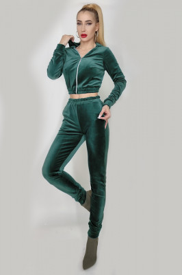 Compleu de catifea Ilinca, pantaloni si bluza scurta cu gluga si fermoar, Verde smarald-fata