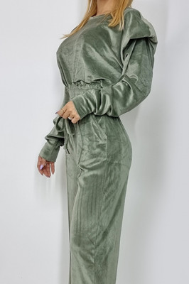 Compleu de catifea Miley bluza si pantaloni evazati kaki-detaliu