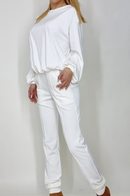 Compleu de catifea Novara, bluza si pantaloni cu banda elastica, Alb-lateral