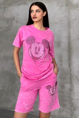 Compleu de dama RUDY, pantaloni scurti si tricou cu paiete, Roz Mickey