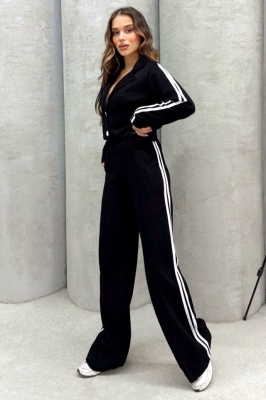 Compleu de dama Sporty LINES, cu imprimeu in dungi si jacheta scurta, Negru 2
