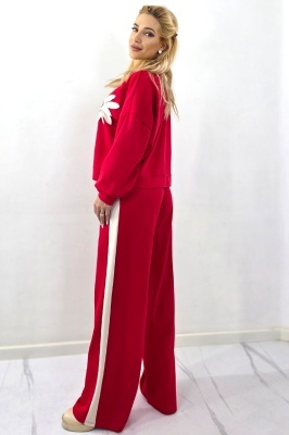 Compleu de zi KEORA, bluza cu detaliu floral si pantaloni lejeri, Rosu, Marime S/M/L detaliu produs
