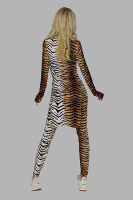 Compleu din doua piese Wonder Tiger, imprimeu cu tonuri realiste, bluza cu slituri laterale si pantaloni cu textura elastica, Maro2