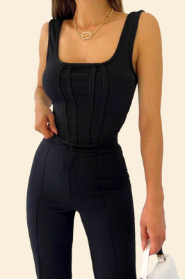 Compleu elegant Allan, top cu decolteu simetric, cusaturi evidentiate si pantaloni evazati, Negru2