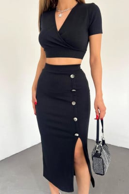 Compleu elegant Dulcinea, cu fusta conica, slit pe picior si bluza cu decolteu petrecut, Negru2