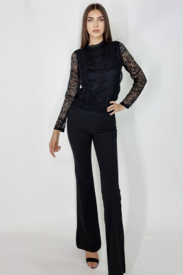 Compleu Federica, camasa cu efect brodat si pantalon evazat, Negru1