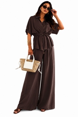 Compleu oversize AZMIRA, camasa kimono si pantaloni palazzo, Ciocolata, Marime universala