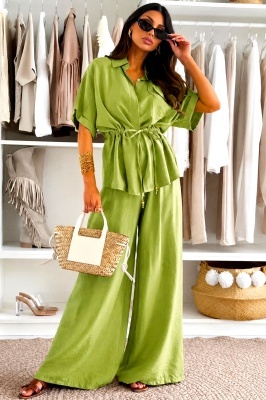 Compleu oversize AZMIRA, camasa vaporoasa si pantaloni lejeri, Verde Olive, Marime S/M/L