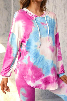 Compleu sport Fussion, cu imprimeu pastel, colanti si bluza lunga cu gluga, Fucsia