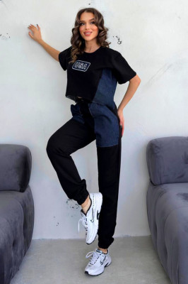 Compleu sport USA Dream, tricou oversize inscriptionat si pantaloni cu panouri denim, Negru 2
