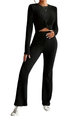 Compleu strech cu aspect impletit Wayana, bluza scurta si pantaloni evazati, Negru