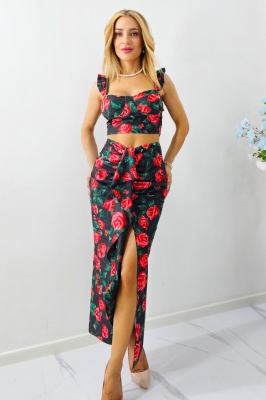 Compleu Summer Party, top cu volane si fusta cu imprimeu trandafiri, Negru, Marime S/M 2
