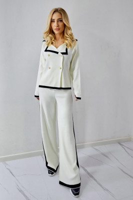 Compleu tricot Amiral, bluza cu butoni si pantaloni evazati, Alb, Marime S/M